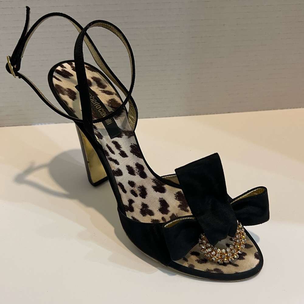 Roberto Cavalii Ankle Wrap 110 m Block Heel with bow and embellished brooch.